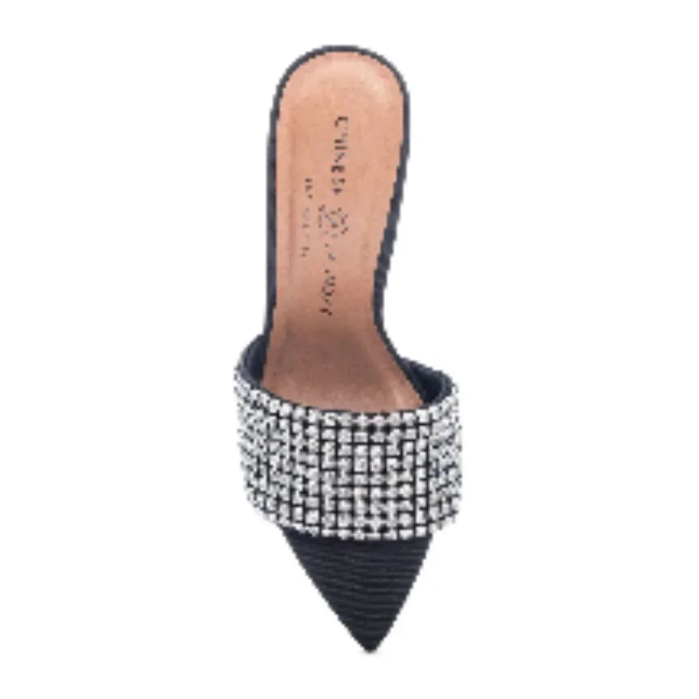 Chinese Laundry Black Heeled Mules with Silver Crystal Strap
